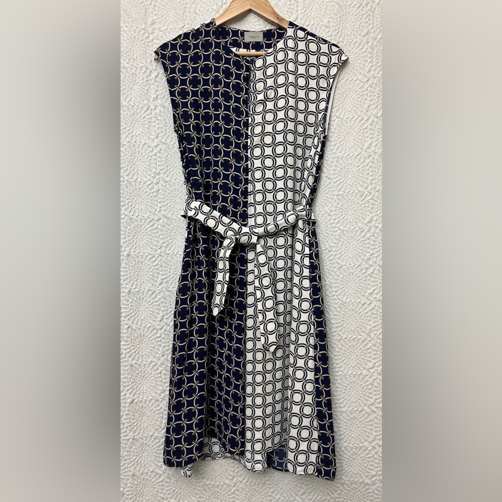 Marella Sport Midi Dress Size 10-12 Navy Nautical Lightweight Sleeveless Belted